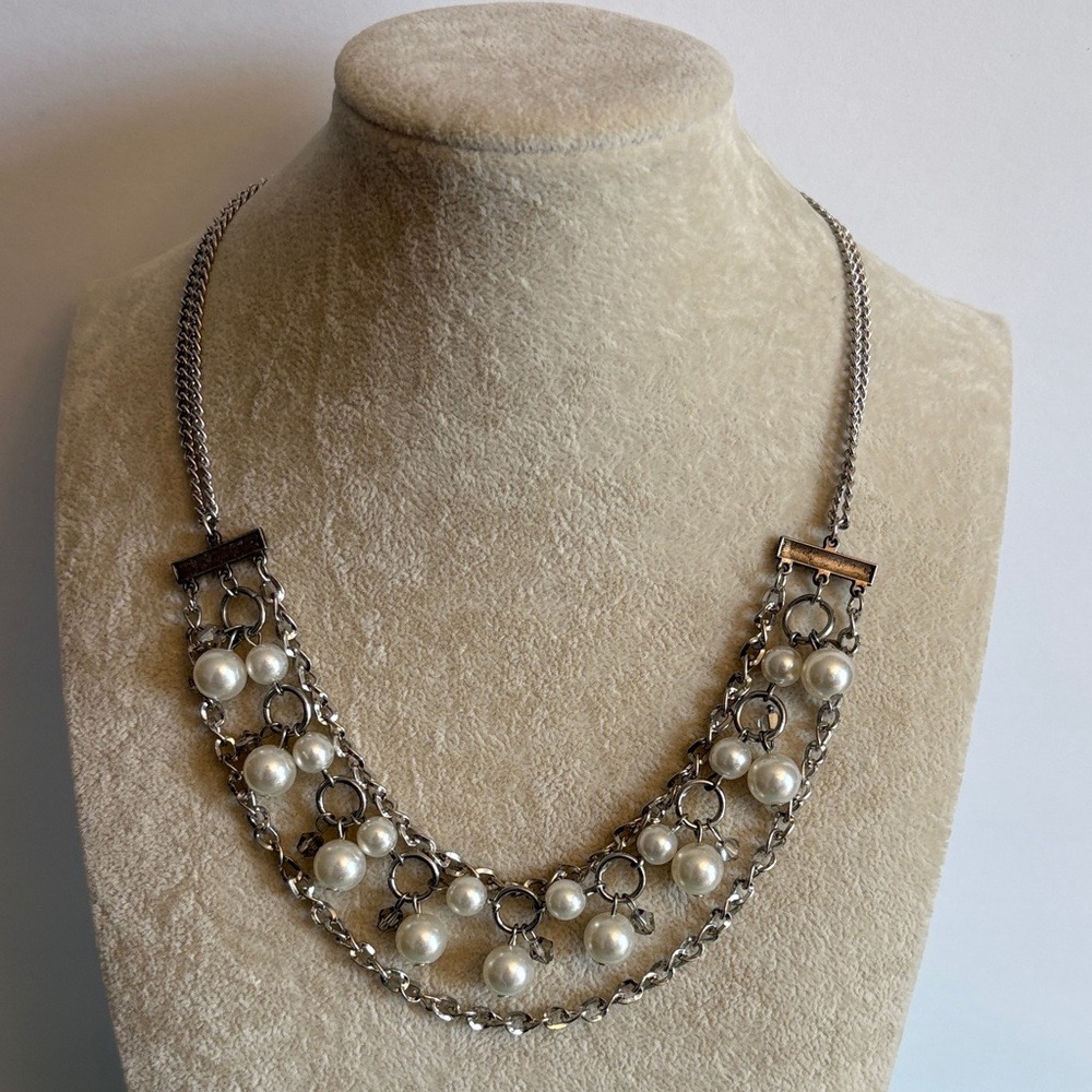 Pearl Accent Silver Chain Necklace Layered Bib Statement 16”